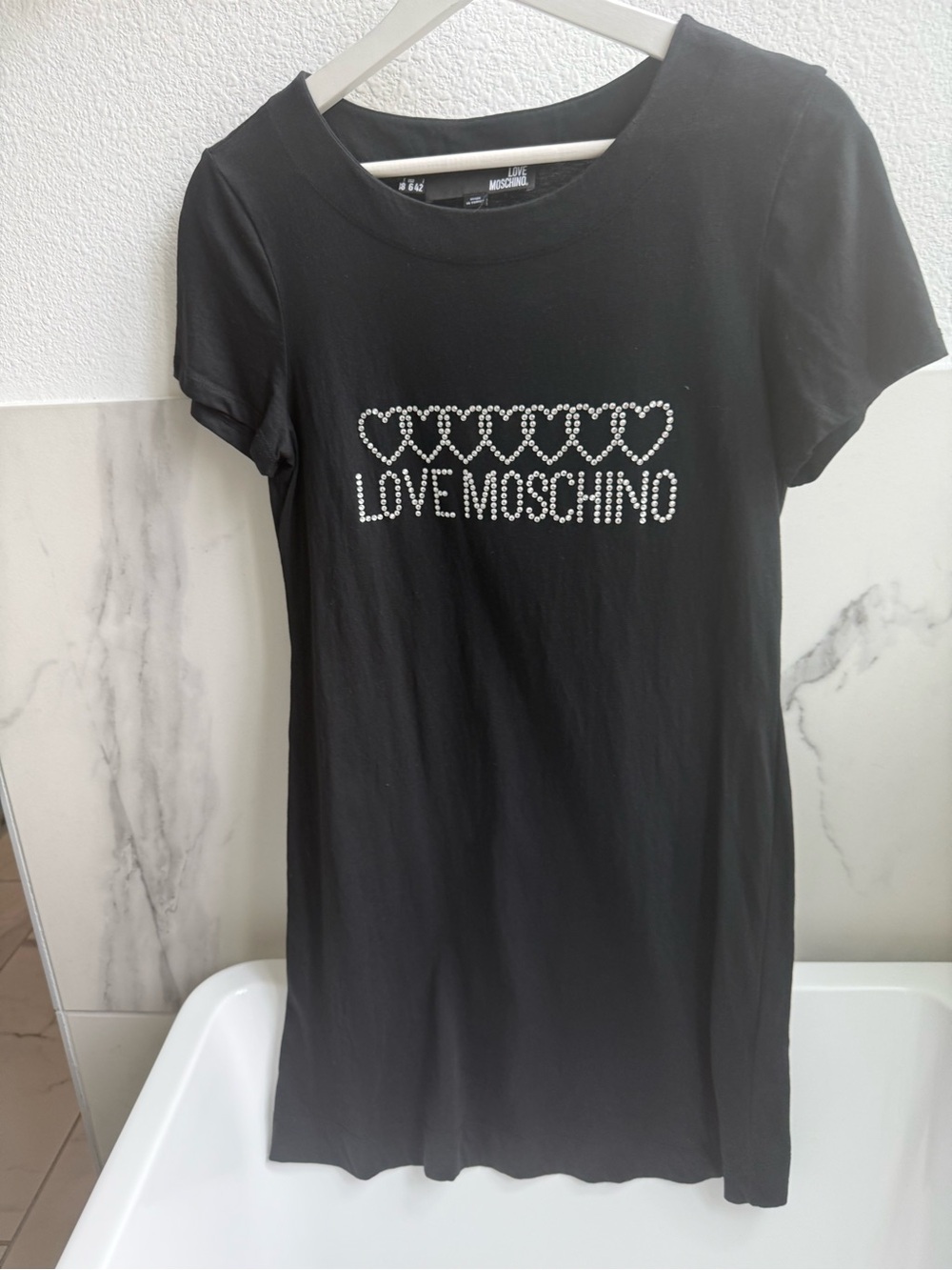 Moschino Black Tee Dress with Rhinestone Heart Logo